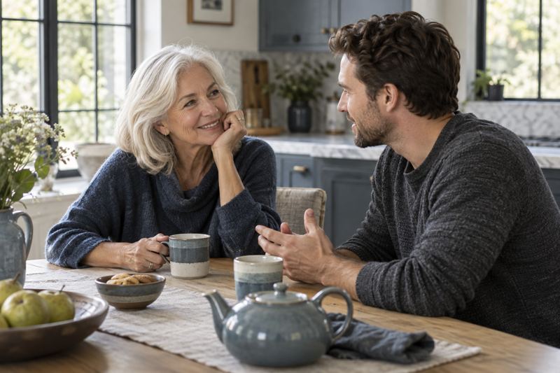 An older woman and her adult son discussing plans at a kitchen table